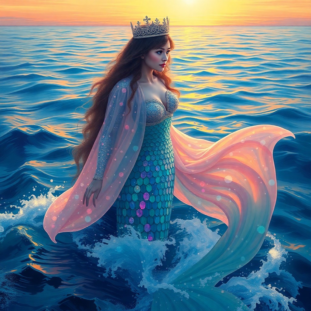 AI generated art for prompt: A regal mermaid sovereign emerges from the union of ocean and heavens at daybreak, enveloped in an o