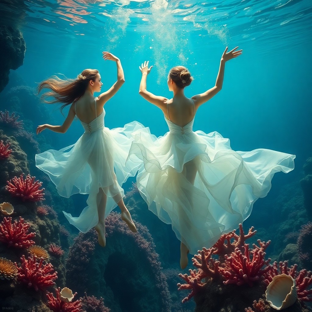 AI generated art for prompt: A mesmerizing scene depicting an underwater ballet, where graceful dancers move elegantly among vibr