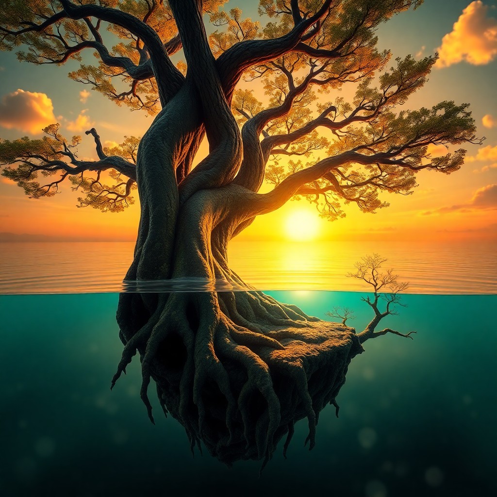 AI generated art for prompt: A mesmerizing digital artwork depicts an enchanting landscape where an oversized bonsai tree stands 