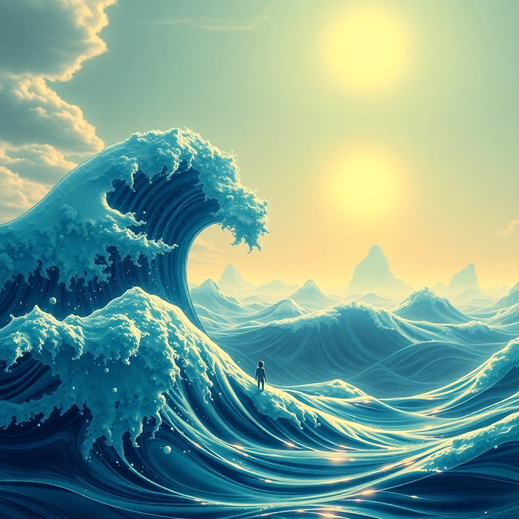 AI generated art for prompt: An image depicting an alien seascape reminiscent of Hokusai's famous waves, showcases towering aquat