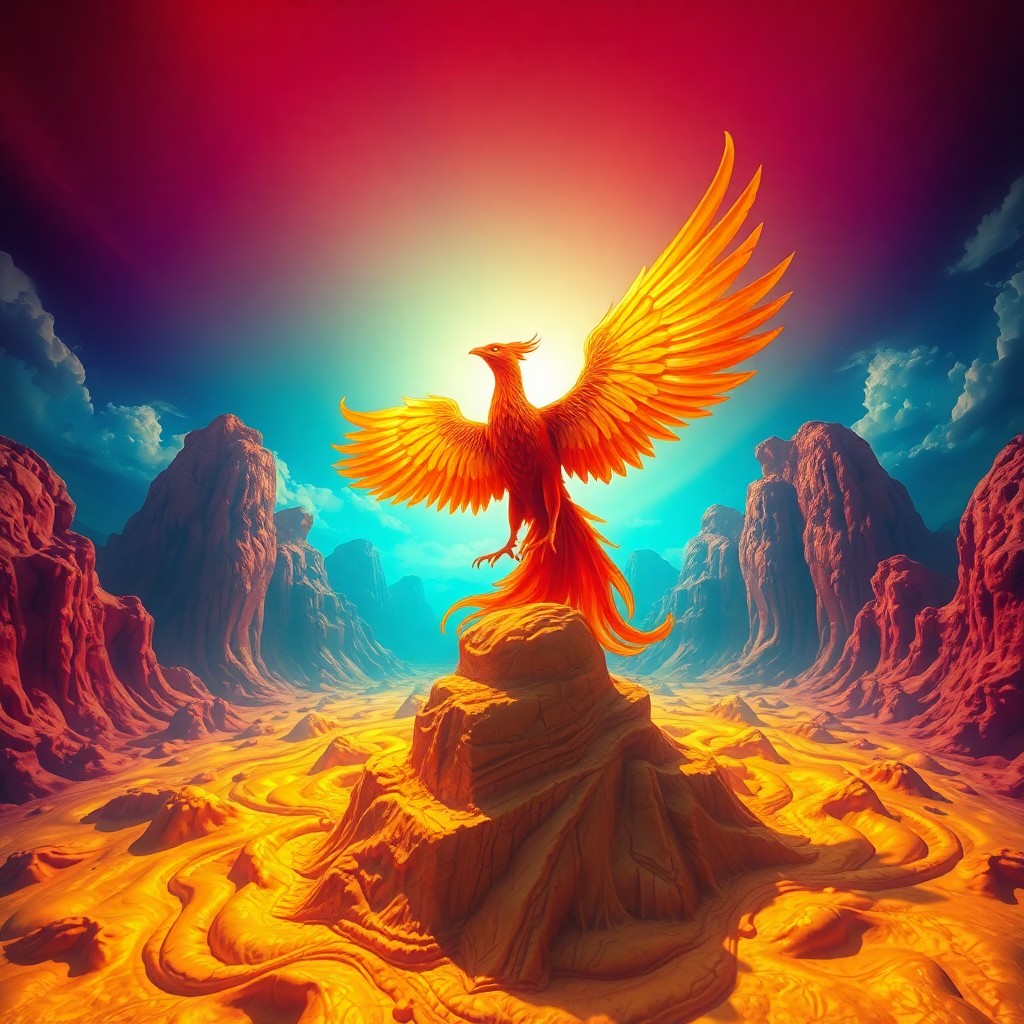 AI generated art for prompt: A surrealistic landscape unveils a magnificent phoenix rising from a vortex of molten gold, evoking 