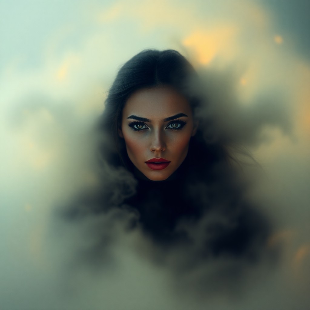 AI generated art for prompt: A portrait of an enigmatic woman arises from a nebulous landscape, reminiscent of surrealistic art. 