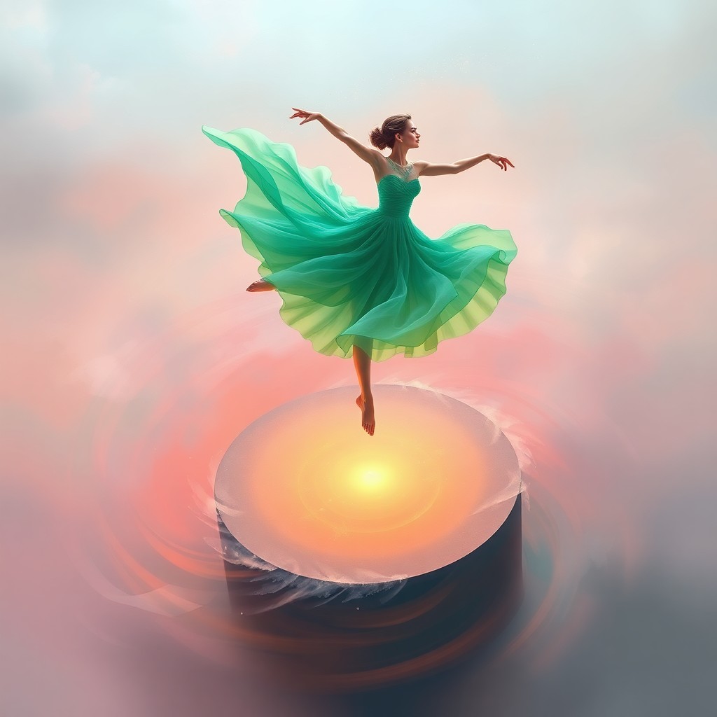 AI generated art for prompt: A graceful dancer in an ethereal green gown performs a captivating pirouette on a levitating stage w