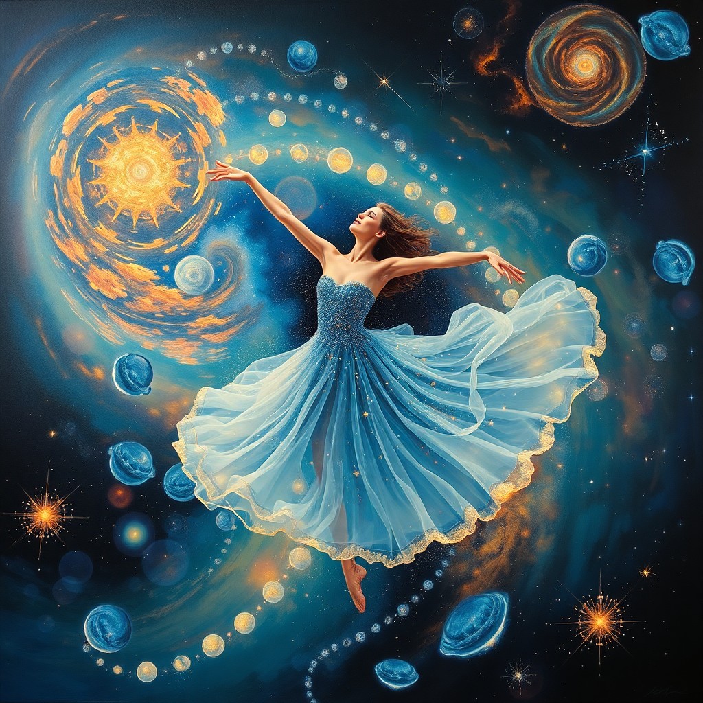 AI generated art for prompt: A captivating oil painting depicts an ethereal dancer performing a cosmic pirouette amidst swirling 