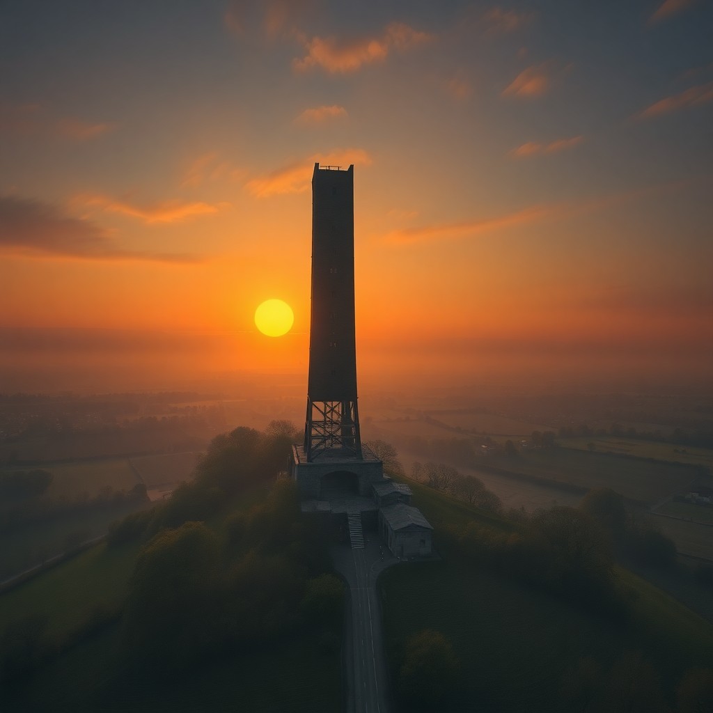 AI generated art for prompt: An aerial view unveils an enigmatic landscape where a colossal tower looms over a serene countryside