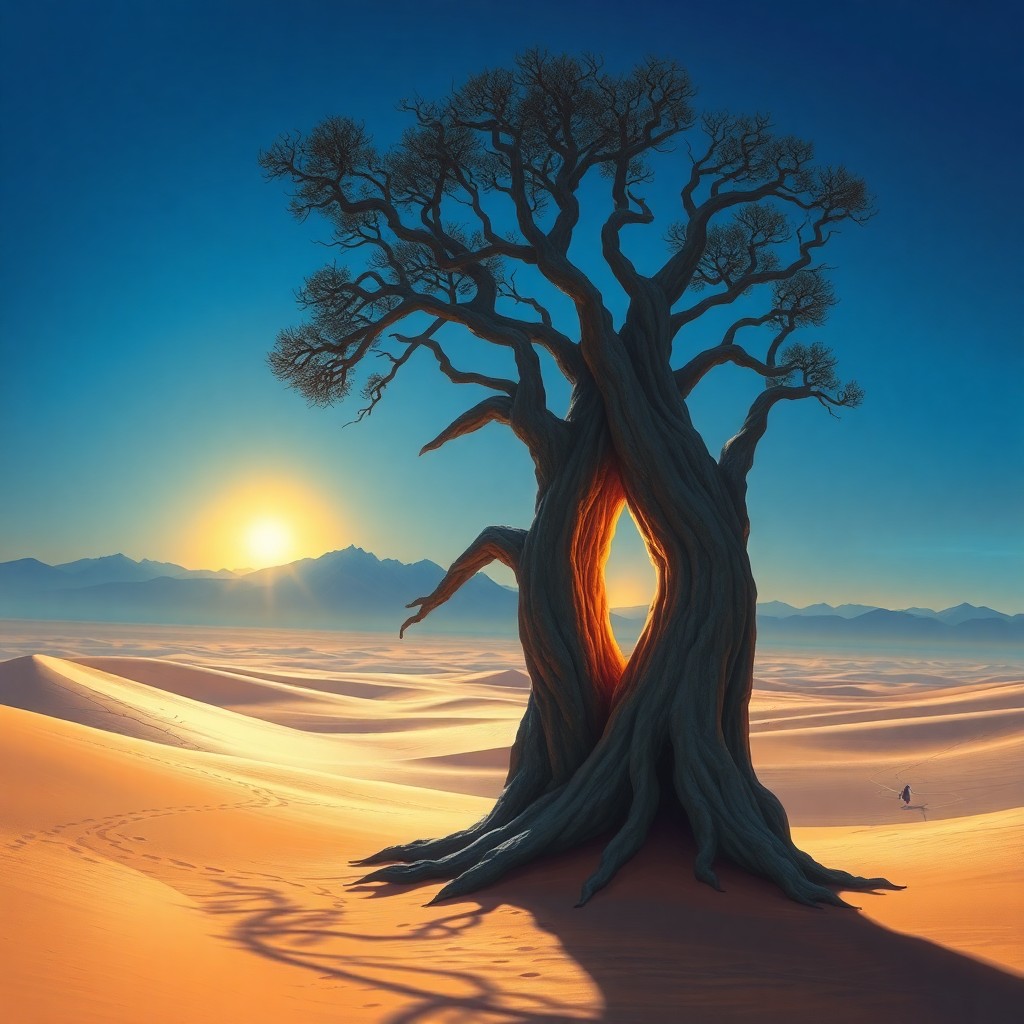 AI generated art for prompt: A dreamlike digital painting portrays a surreal desert landscape at dusk, capturing the sun setting 