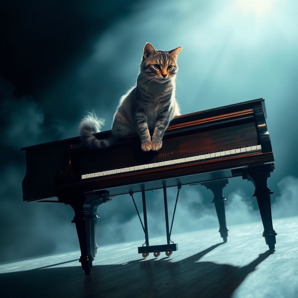 AI generated art for prompt: Create an enigmatic surreal landscape where a majestic feline gracefully sits atop an elegant piano,