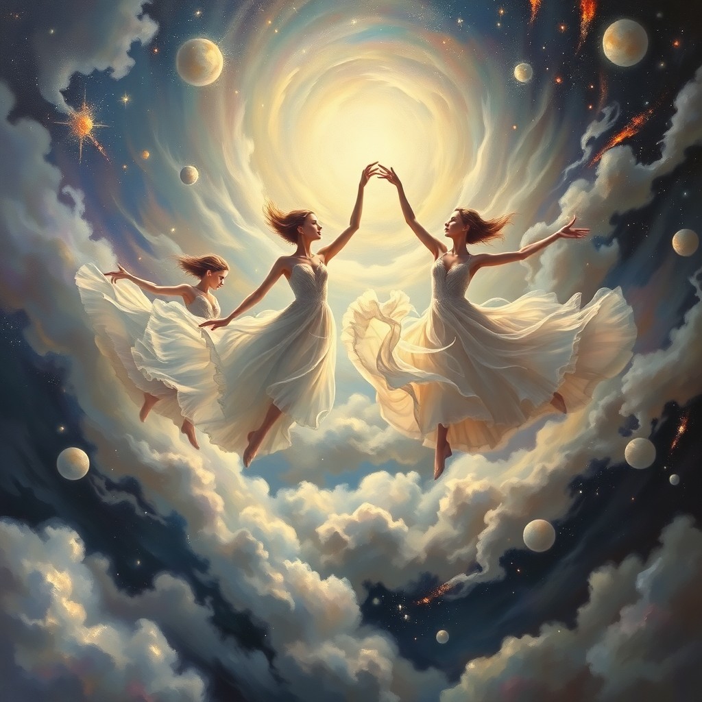 AI generated art for prompt: A surreal oil painting depicting celestial dancers pirouetting gracefully amidst swirling cosmic clo