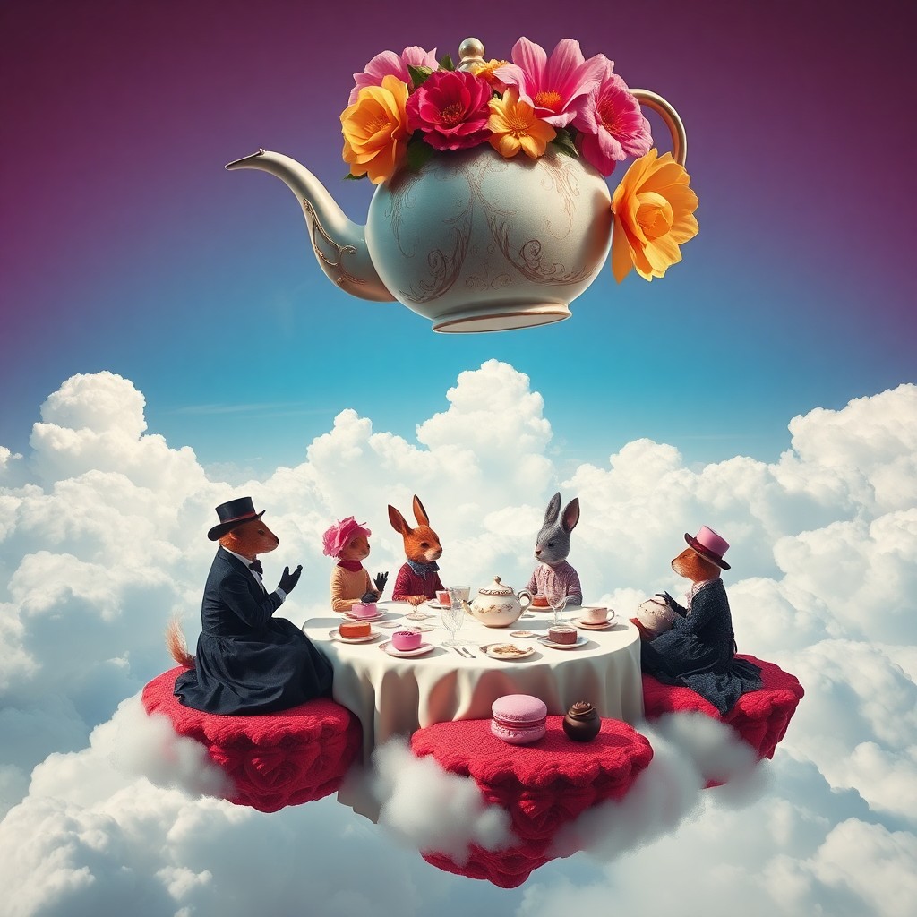 AI generated art for prompt: In a surreal dreamscape reminiscent of Dalí-esque visuals, observe an enchanting tea party in the cl