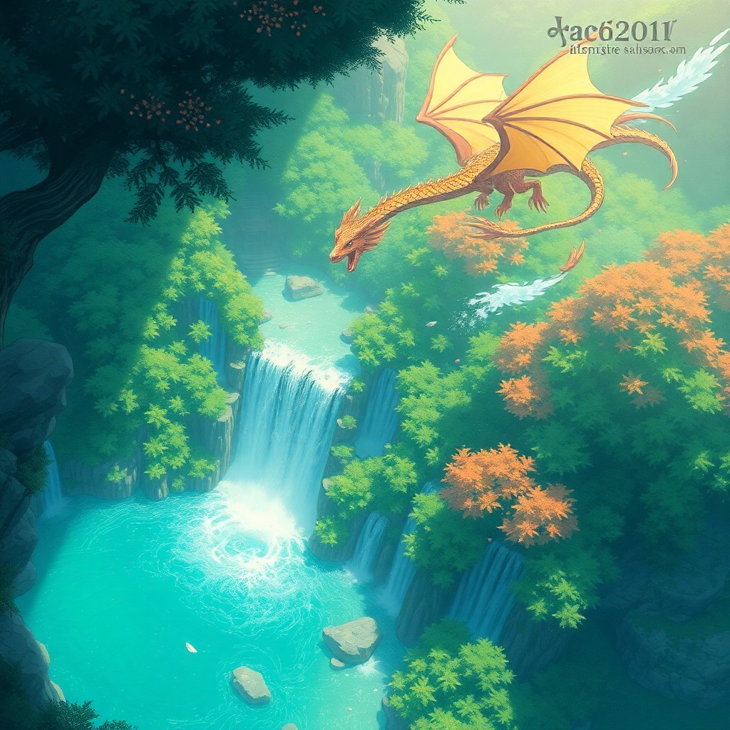 AI generated art for prompt: A digital illustration showcasing an ethereal dragon soaring above a lush, vibrant forest with casca