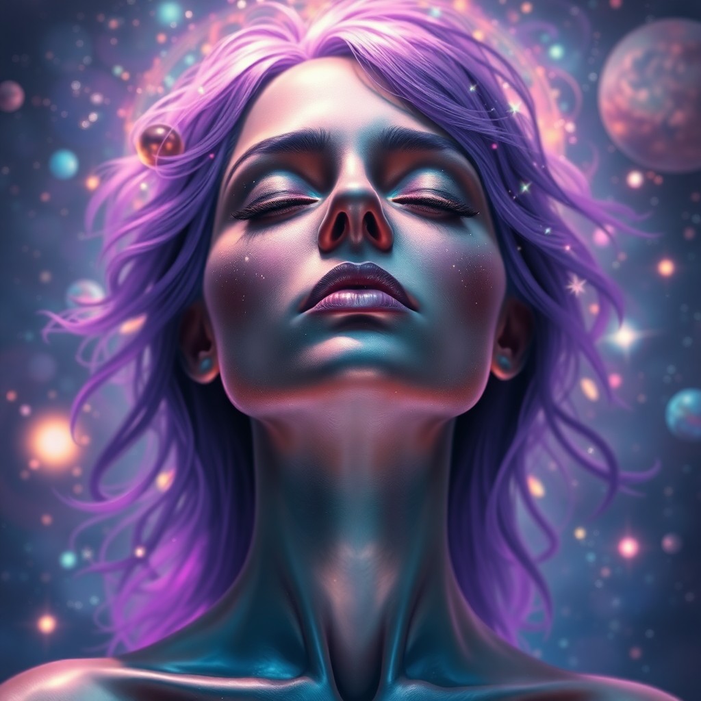 AI generated art for prompt: Create a surreal digital painting portrait of a woman with luminous purple hair in serene meditation