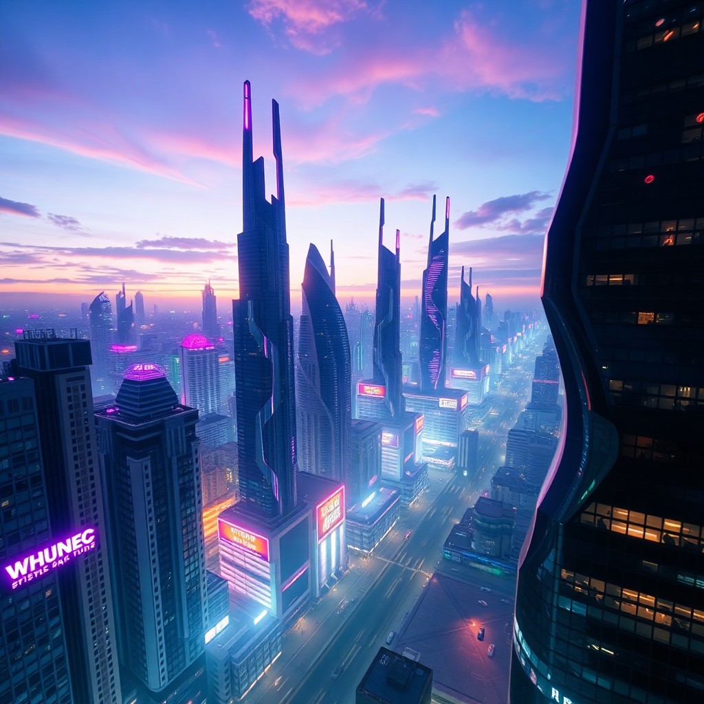 AI generated art for prompt: A surreal digital artwork depicting a futuristic cityscape at dusk with skyscrapers morphing into st