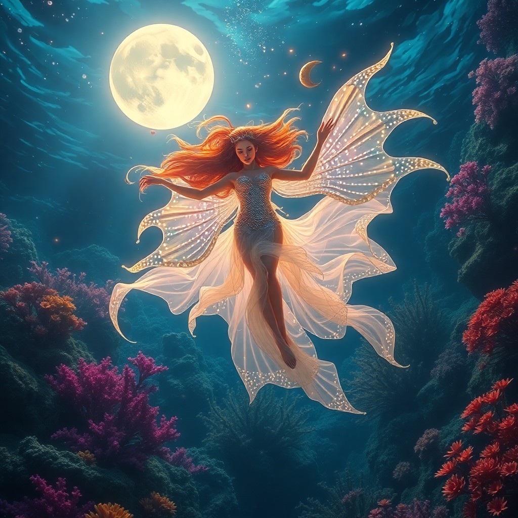 AI generated art for prompt: A captivating digital artwork depicts an enchanting underwater realm illuminated by otherworldly moo