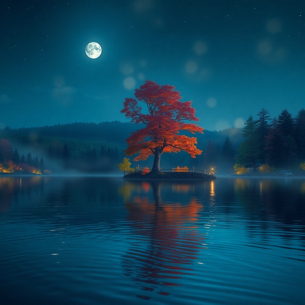 AI generated art for prompt: Imagine a serene nighttime scene at a tranquil forest lake, where photorealism and digital art seaml