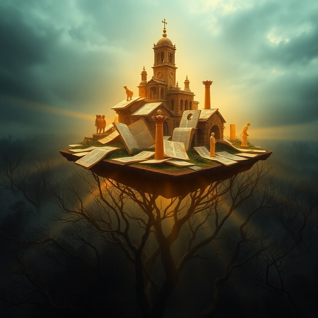 AI generated art for prompt: Craft an image in the surreal digital art style depicting a floating island composed of scattered pa