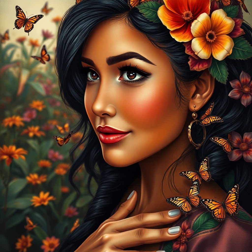 AI generated art for prompt: Imagine a mesmerizing portrait in the style of an iconic Mexican artist, showcasing a young woman wi