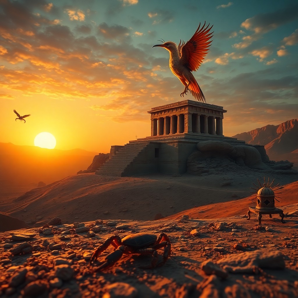 AI generated art for prompt: Imagine a surreal dreamscape where a majestic phoenix rests atop an ancient temple overlooking a vas