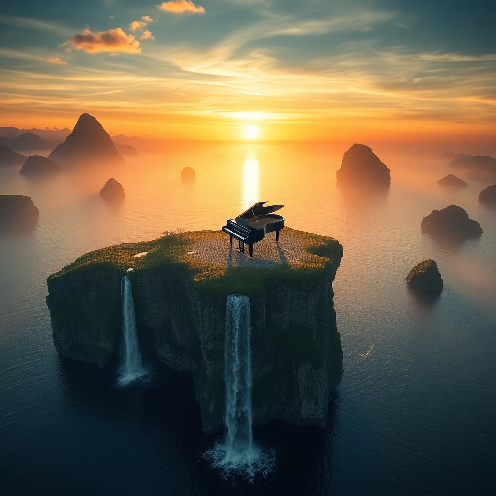 AI generated art for prompt: Create an aerial view of a surreal landscape, where a grand piano gracefully floats amidst drifting 