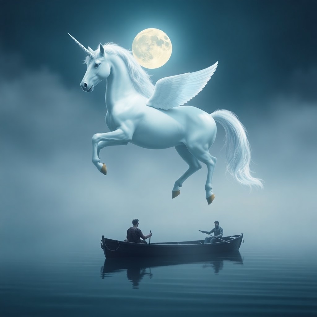 AI generated art for prompt: A surreal dreamscape featuring a majestic unicorn gracefully levitating above a misty, moonlit lake.