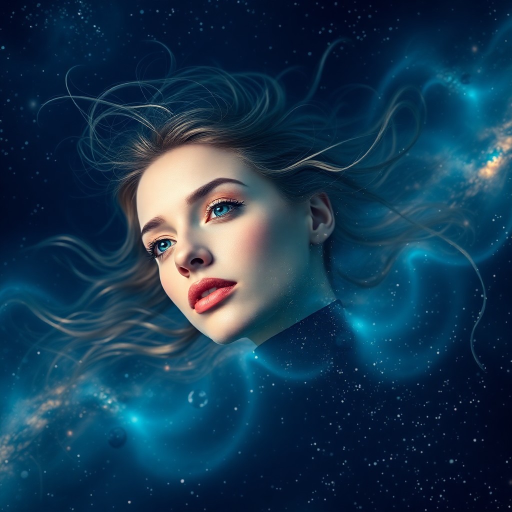 AI generated art for prompt: An ethereal portrait captures a woman gracefully floating amidst swirling cosmic elements in a deep 