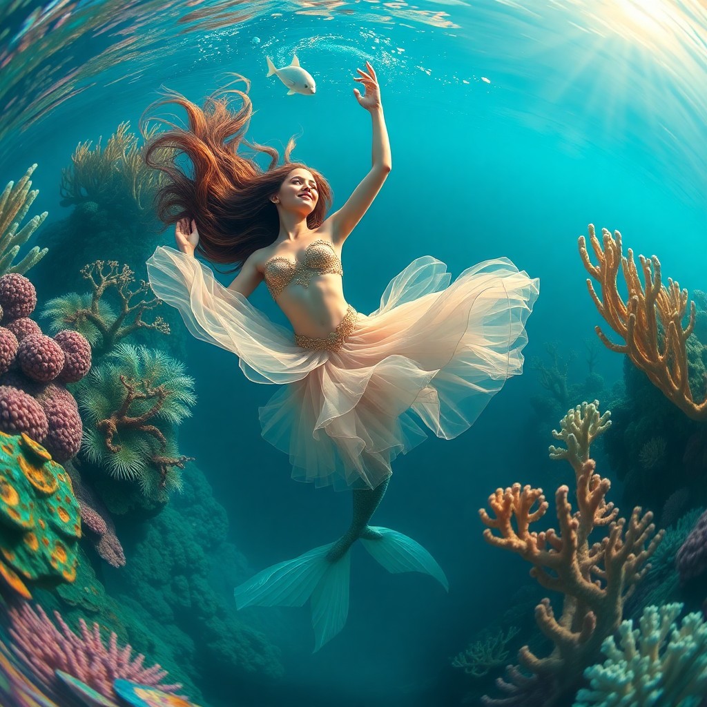 AI generated art for prompt: A mesmerizing image showcasing an enchanting underwater ballet, featuring a captivating mermaid grac