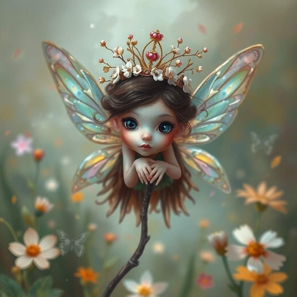 AI generated art for prompt: A portrait of a whimsical fairy queen with iridescent wings and sparkling eyes, wearing an ornate cr