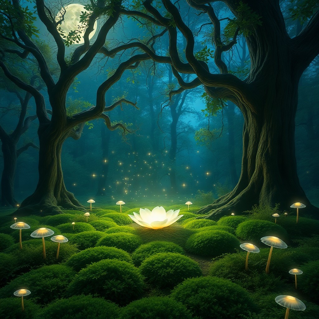 AI generated art for prompt: A mystical forest unfolds, reminiscent of Brian Froud's enchanting creations, where ancient trees wi