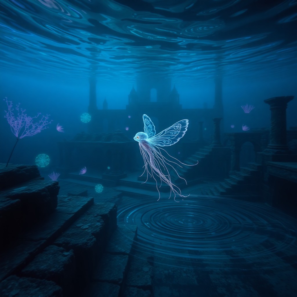 AI generated art for prompt: An underwater scene depicting an ancient city submerged in deep blues and purples, evoking the myste