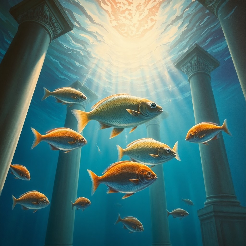 AI generated art for prompt: An enchanting oil painting captures an underwater realm where mythical creatures and ancient gods ha