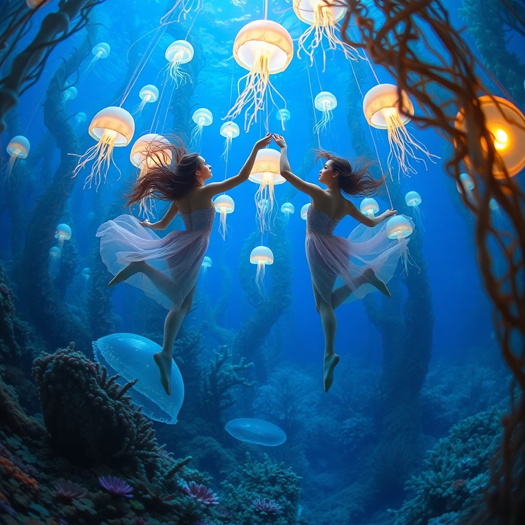 AI generated art for prompt: Imagine an enchanting underwater ballet where graceful mermaids dance amidst coral gardens, their ir