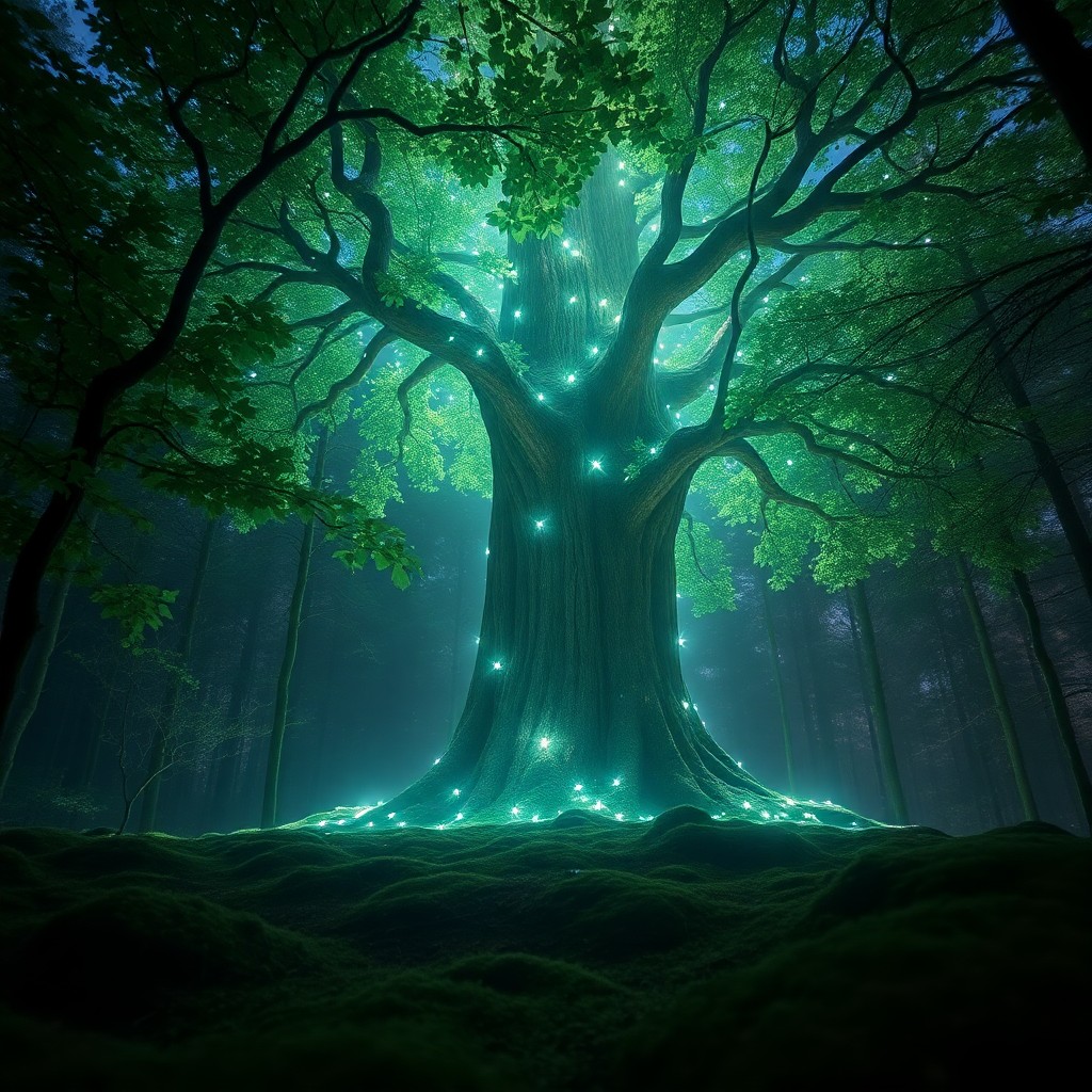 AI generated art for prompt: Picture an enchanting forest imbued with magical radiance reminiscent of "The Dark Crystal" universe