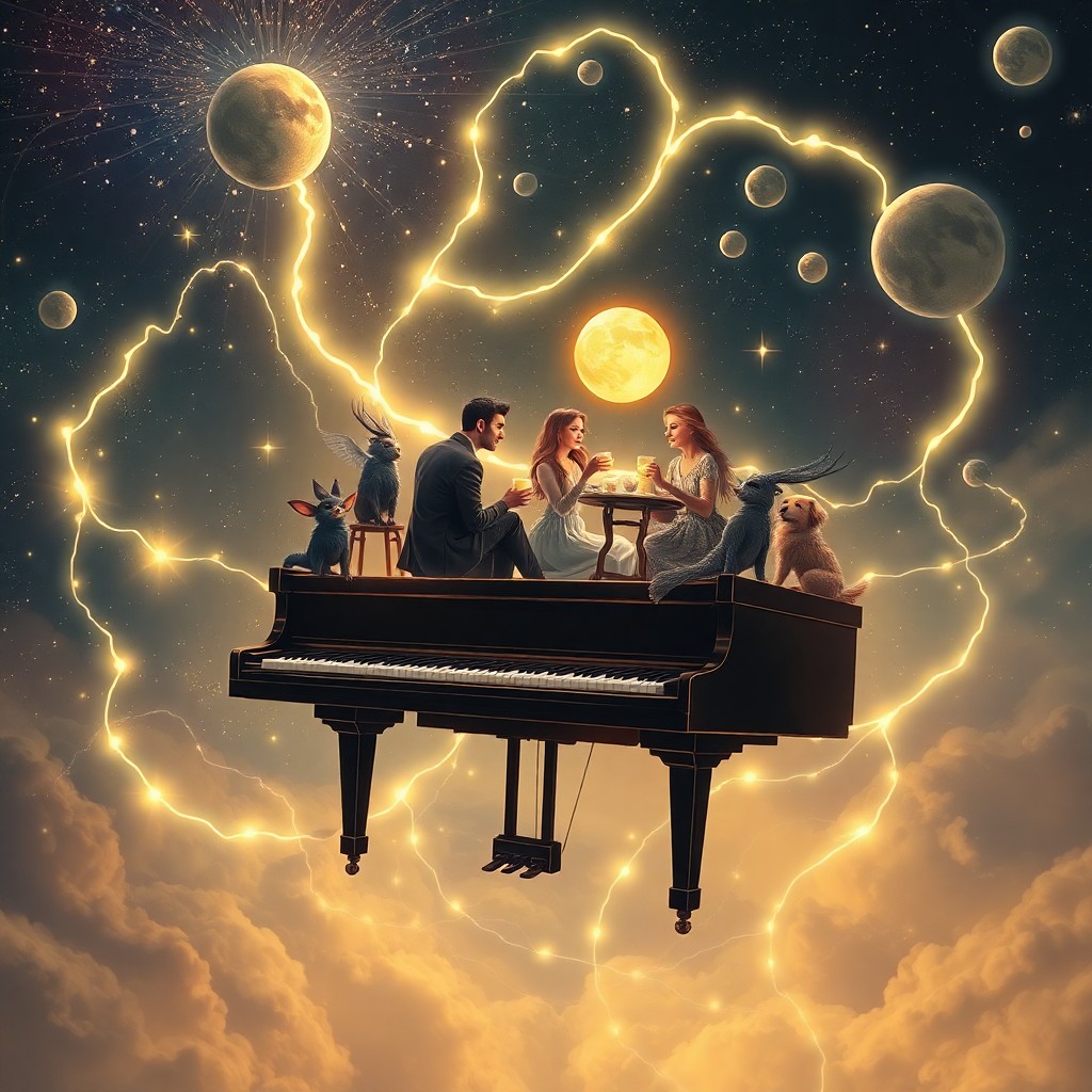 AI generated art for prompt: A captivating digital artwork portraying an enchanting tea party scene atop a grand piano adrift in 