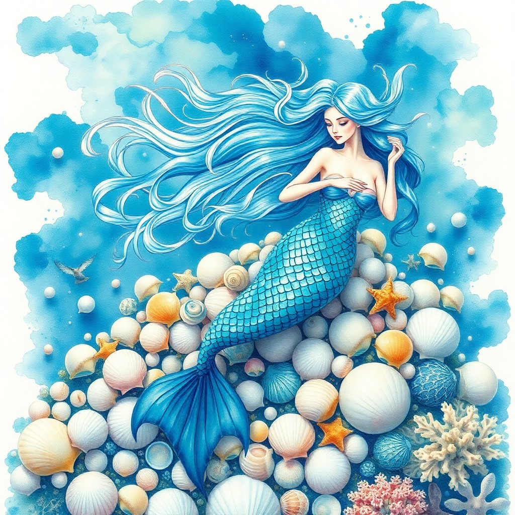 AI generated art for prompt: A mesmerizing watercolor masterpiece depicts an enchanting aquatic realm where a regal mermaid with 