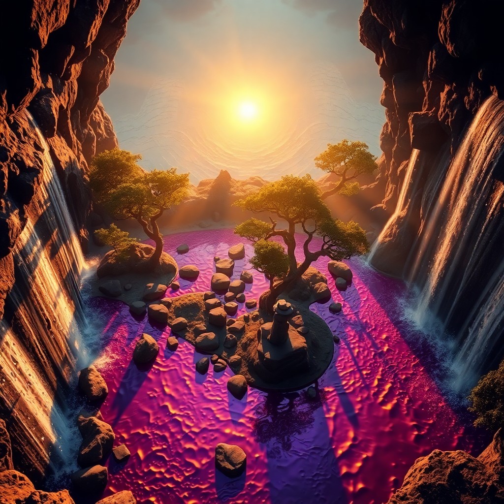 AI generated art for prompt: An ethereal digital composition captures an idyllic zen garden nestled among cascading waterfalls an