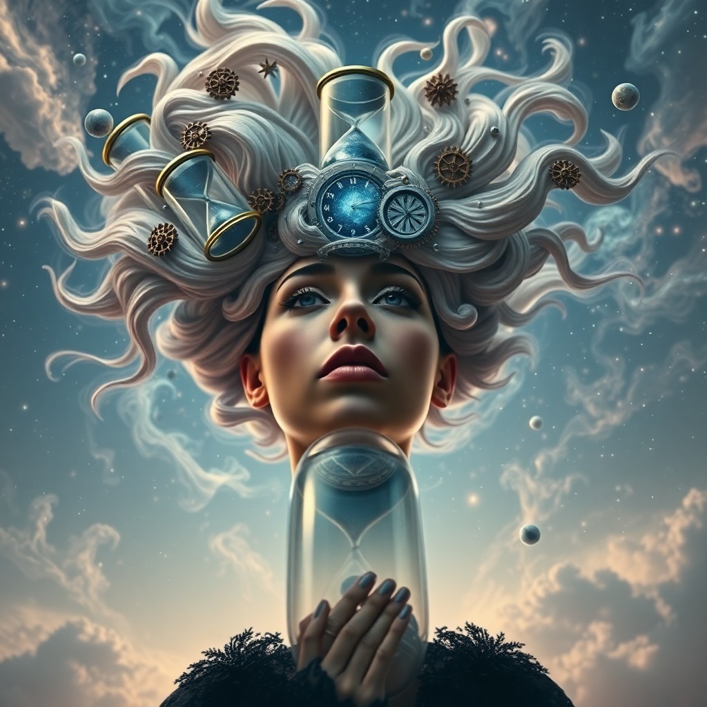 AI generated art for prompt: A surreal portrait capturing a woman with hair resembling flowing, melting hourglasses adorned with 