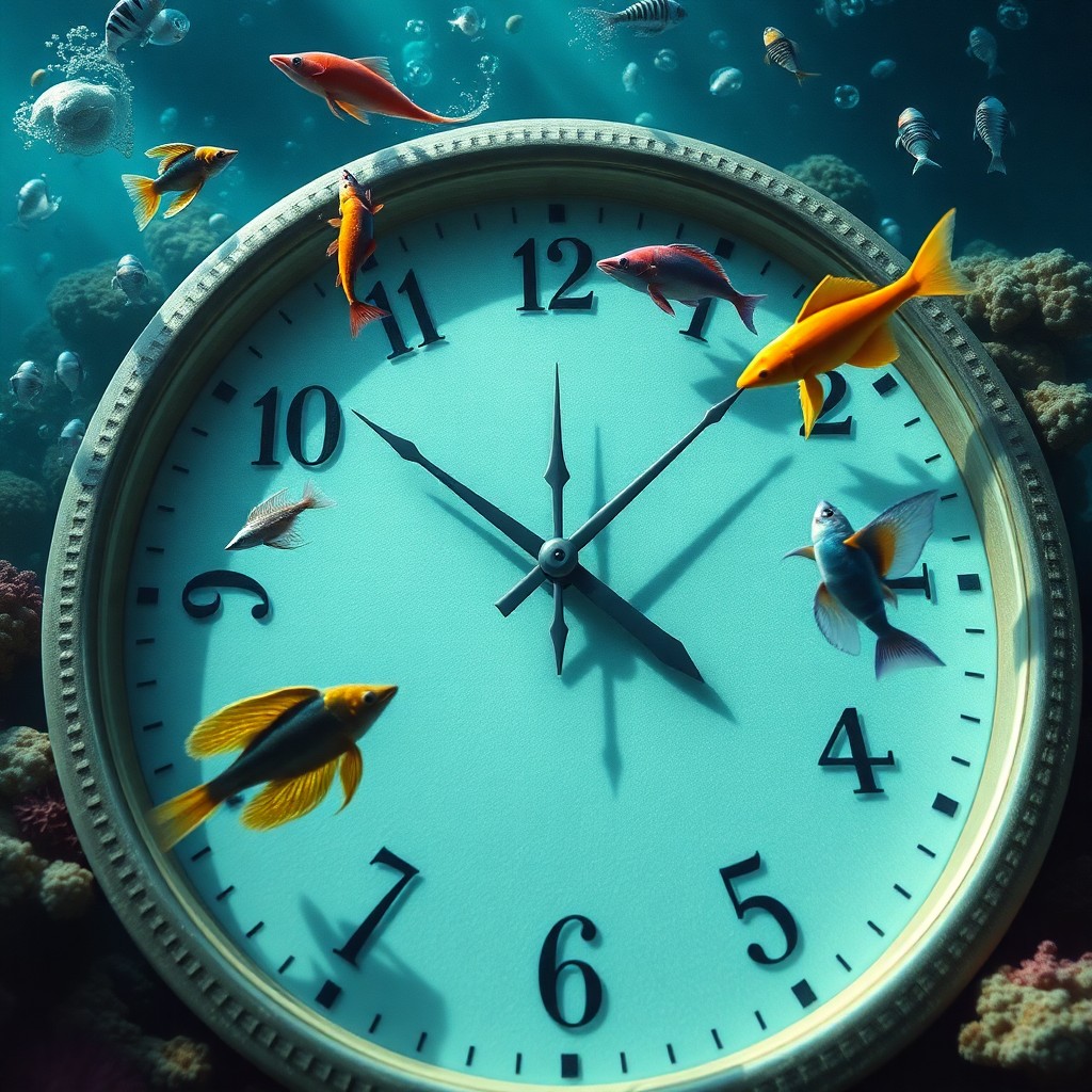 AI generated art for prompt: Create an enchanting surrealistic scene where aquatic creatures have replaced conventional clock han