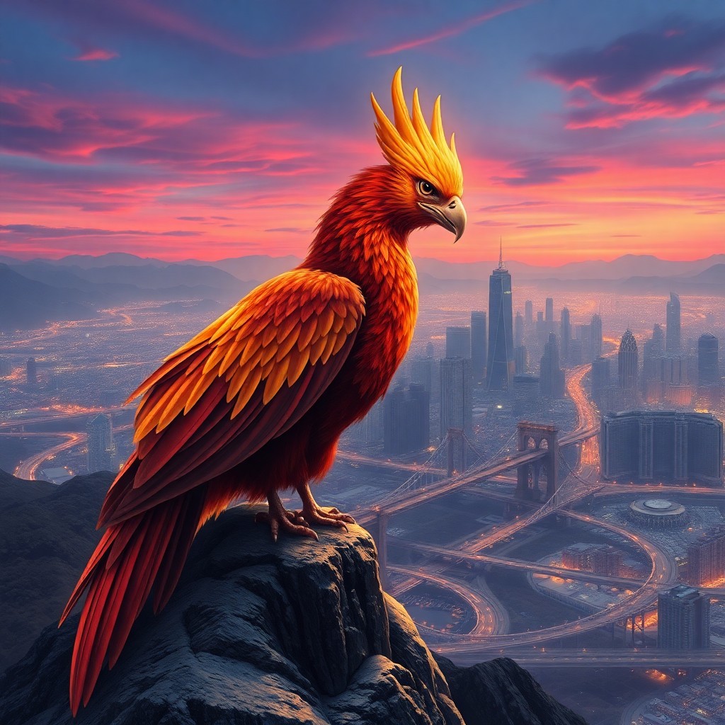 AI generated art for prompt: Picture a mesmerizing digital piece showcasing an awe-inspiring phoenix perched atop a mountain summ