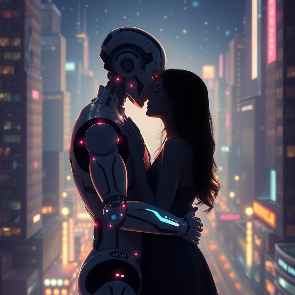 AI generated art for prompt: An enchanting digital artwork depicting a futuristic robot intertwined in a tender embrace with a hu