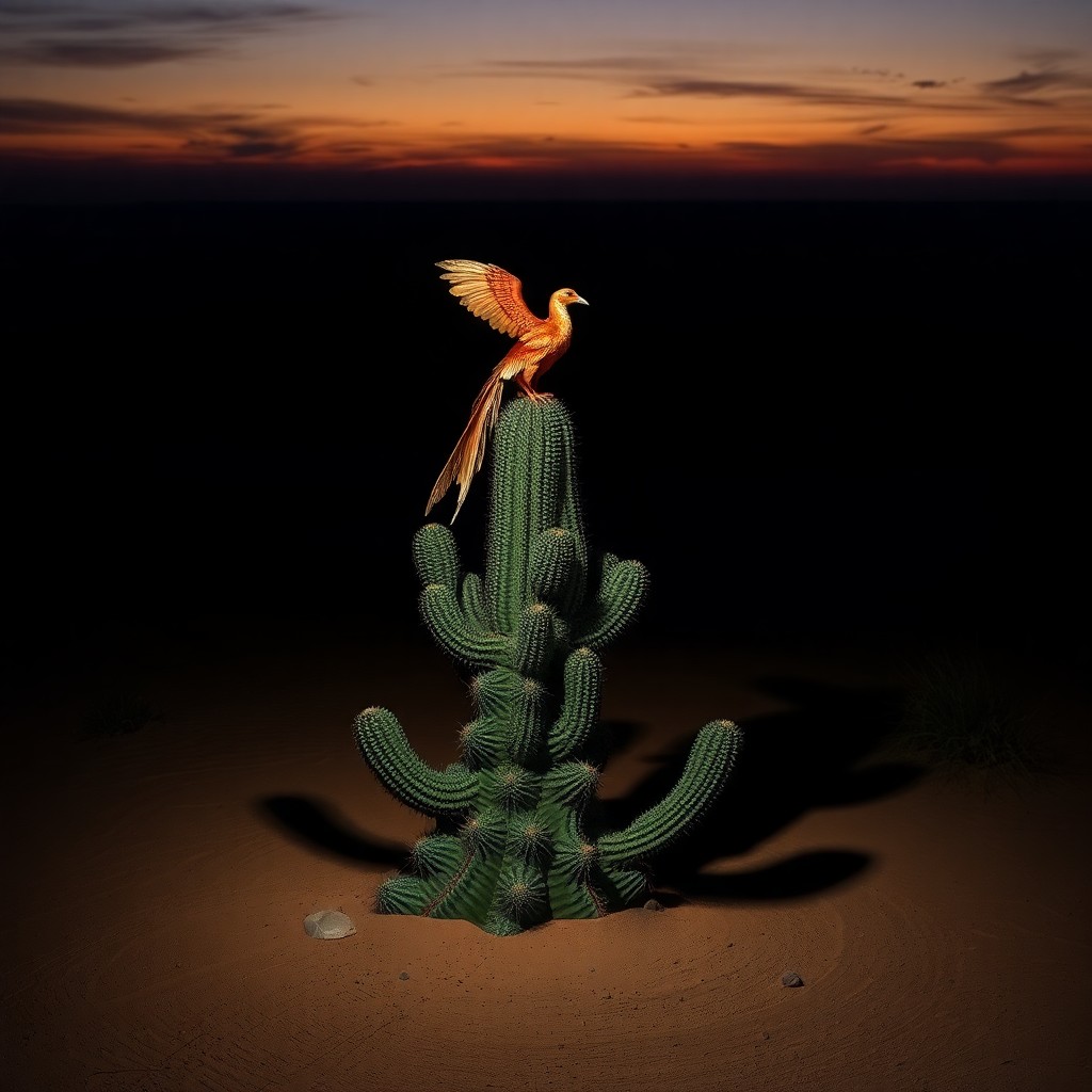 AI generated art for prompt: Visualize an enchanting desert twilight where a towering cactus emerges from the sands, its twisted 