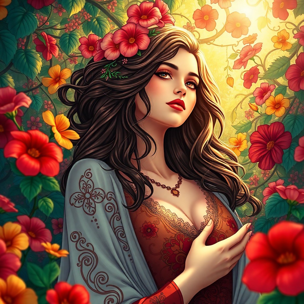 AI generated art for prompt: Craft an image reminiscent of Alphonse Mucha's enchanting style, portraying a captivating female sub