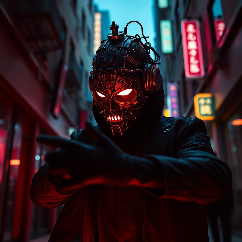 AI generated art for prompt: Craft an image showcasing a cyberpunk street performer adorned with a complex mechanical mask, execu