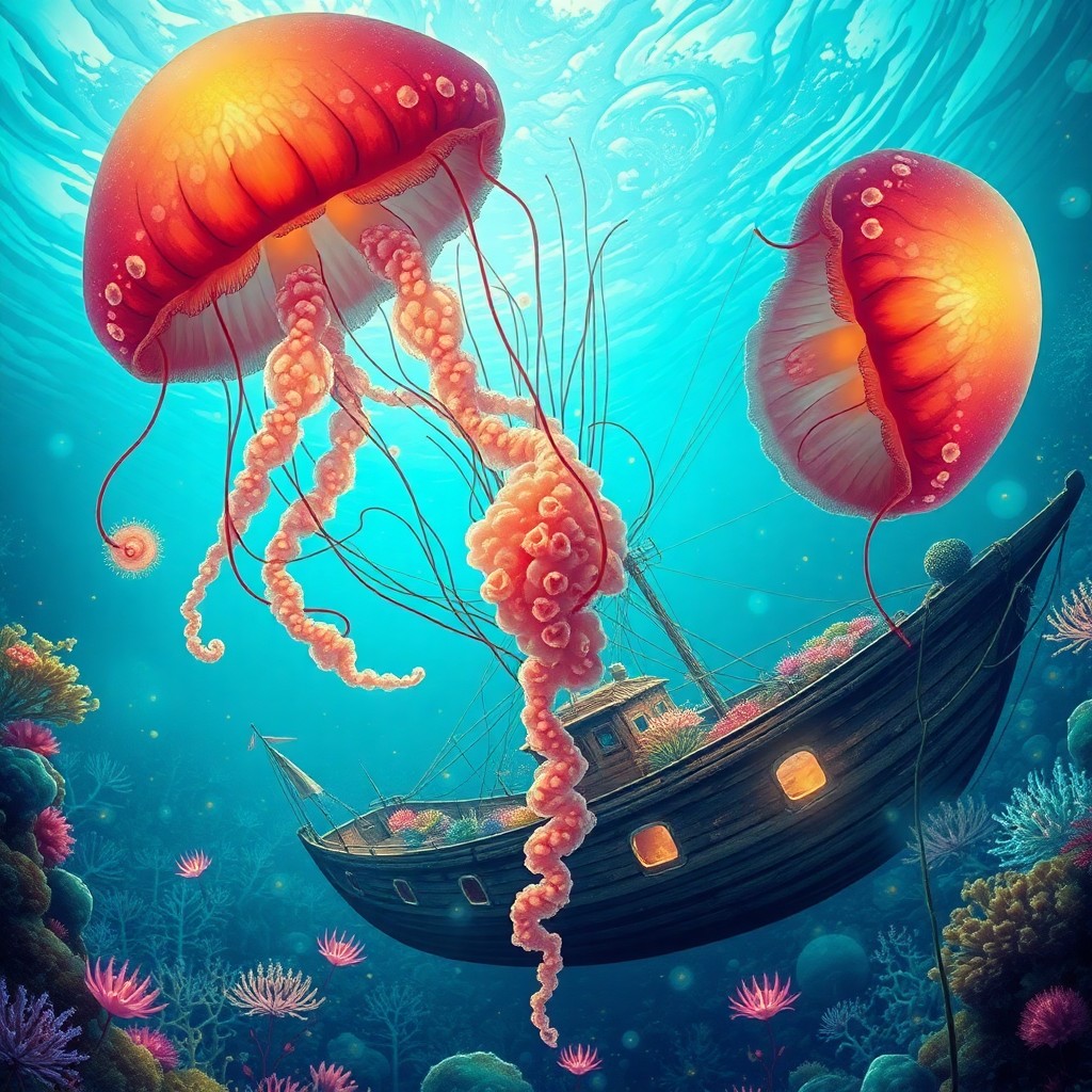 AI generated art for prompt: Create an enchanting underwater vista from the viewpoint of a radiant jellyfish, in a style evocativ