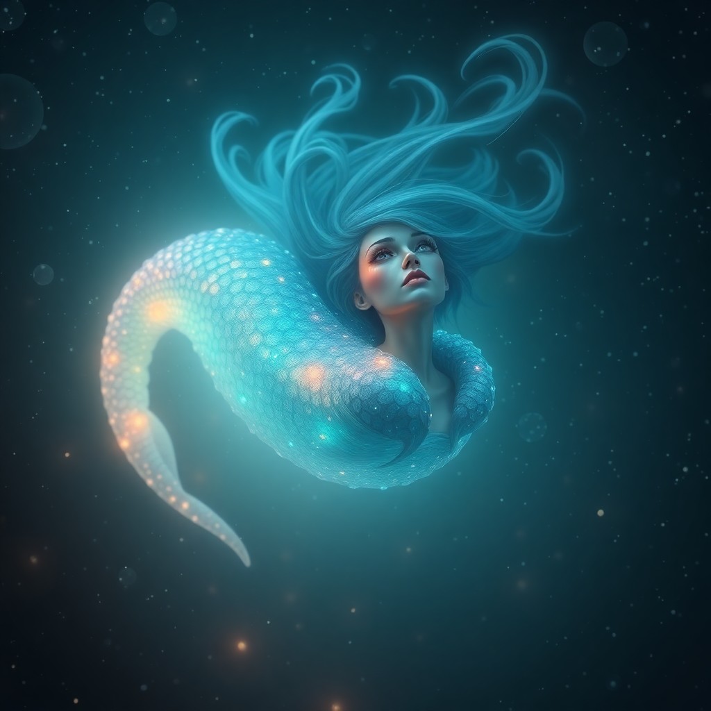 AI generated art for prompt: A digital artwork showcasing an enigmatic underwater fantasy creature drifting through a nebulous ex