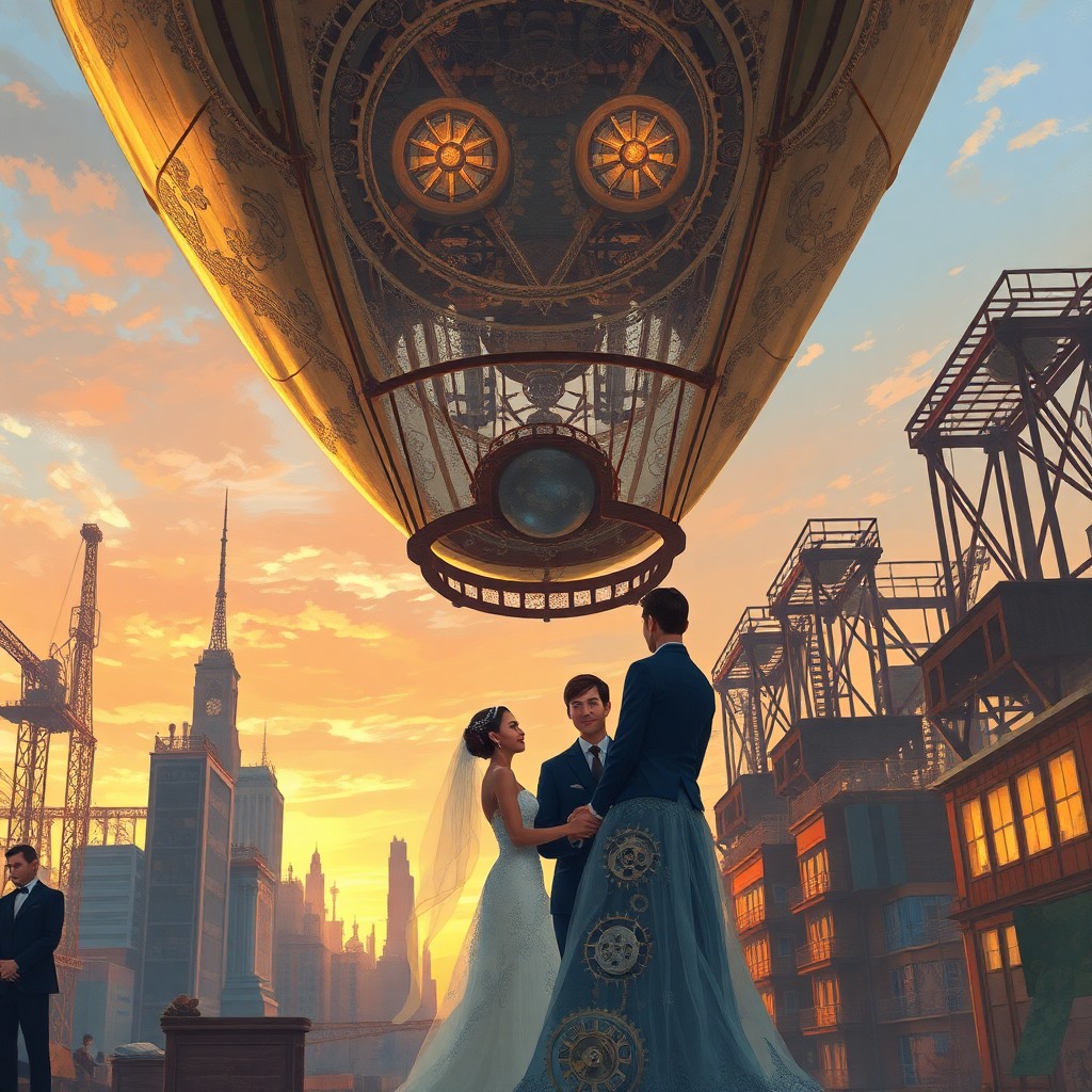 AI generated art for prompt: A delightful blend of Impressionism and steampunk elements depicts an airship wedding ceremony from 