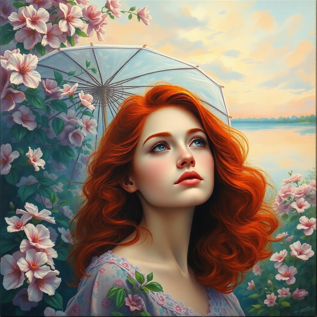 AI generated art for prompt: A mesmerizing portrait of a young woman with vibrant red locks flowing in gentle curls, masterfully 