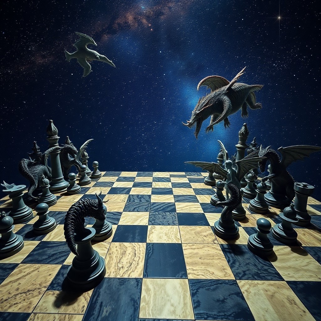 AI generated art for prompt: Create an image that embodies surrealism, depicting an expansive chessboard stretching endlessly acr