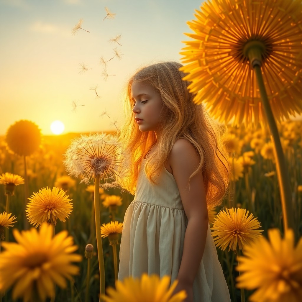 AI generated art for prompt: A young girl with cascading golden locks stands within an expansive meadow adorned with oversized da