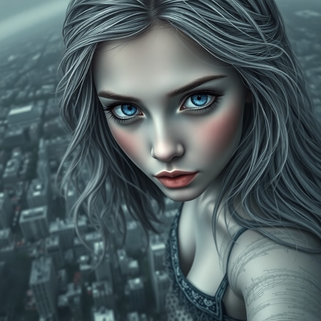 AI generated art for prompt: A captivating portrait of a young woman with striking blue eyes and cascading silver hair, her expre