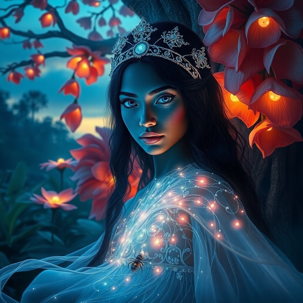 AI generated art for prompt: An entrancing digital art portrait depicts an intriguing woman with mesmerizing sapphire eyes and eb