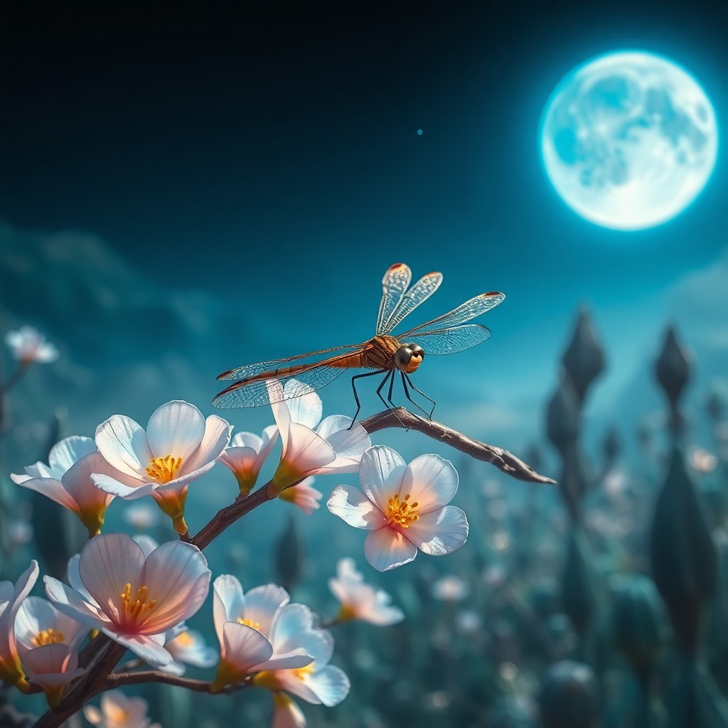 AI generated art for prompt: Envision a surreal landscape viewed through a dragonfly's perspective, where an ethereal tree branch